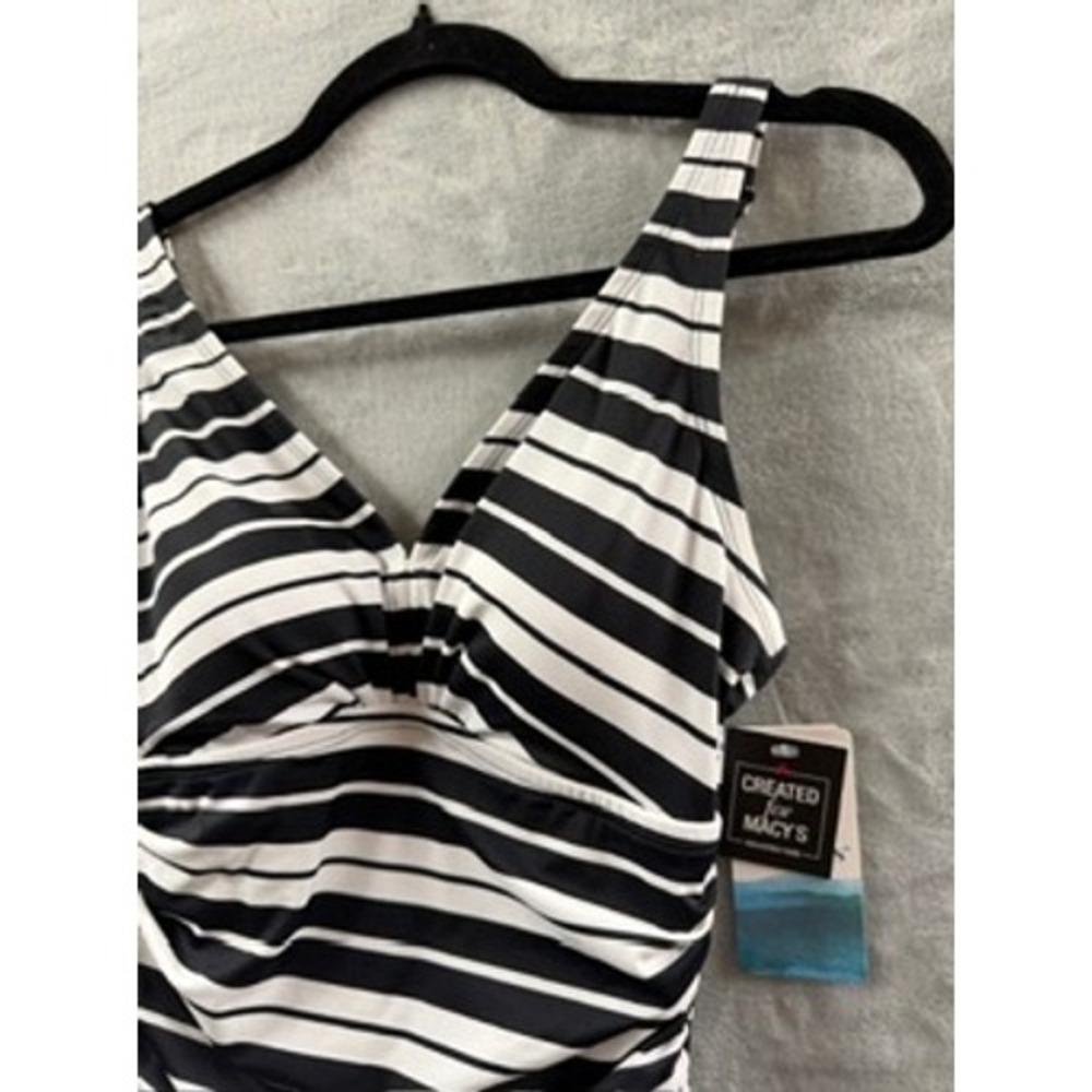 Swim Solutions Women Black White Striped Ruched V-Neck One-Piece Swimsuit NWT 8 - Picture 8 of 14